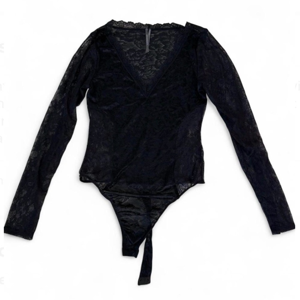 Anthropologie Black Lace Bodysuit Long Sleeves Thong Size M Whimsigoth Layering